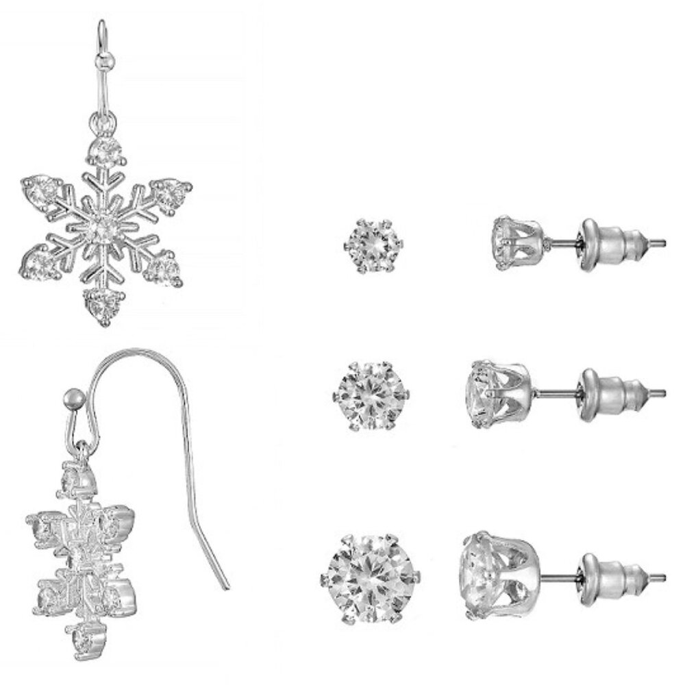 PRIMAVERA 4pc Holiday Snowflake Dangle/Round Stud Silver Plated CZ Earrings Set